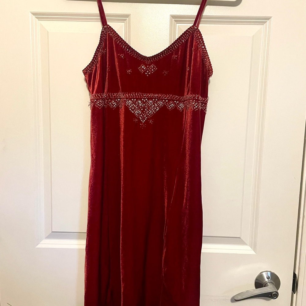 Red Velvet Dress with Beaded Details